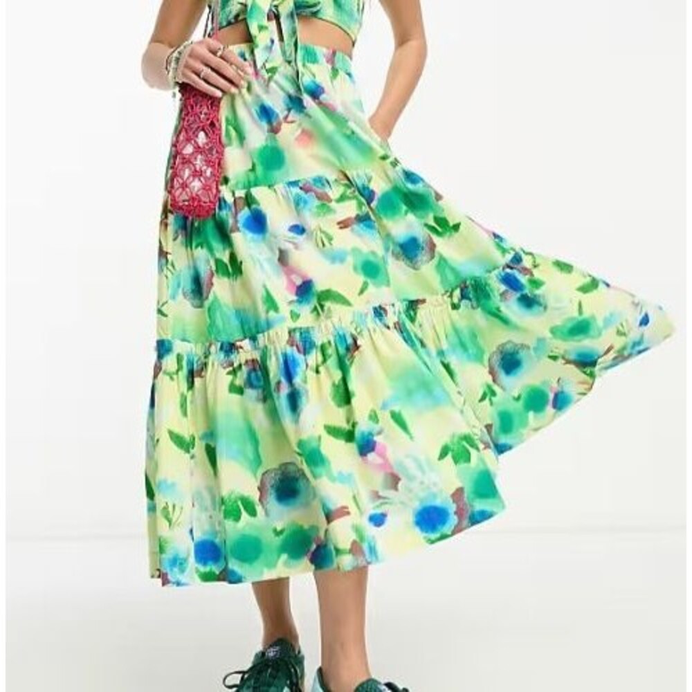Damson Madder Painterly Floral Printed Tiered Midi Skirt Ruffle Beach S 287133